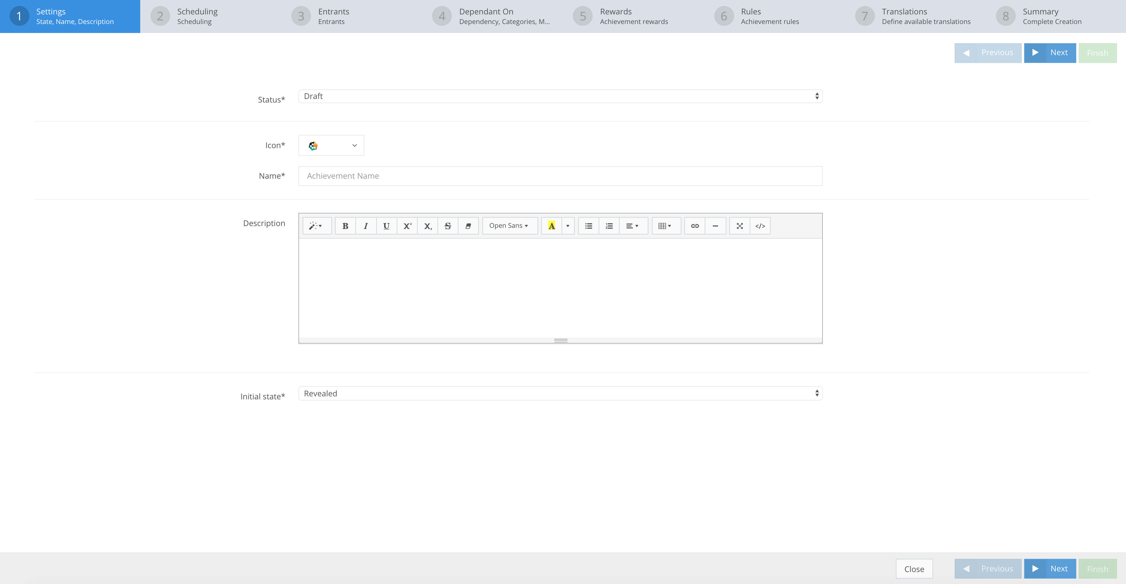 Step 1: Achievement settings